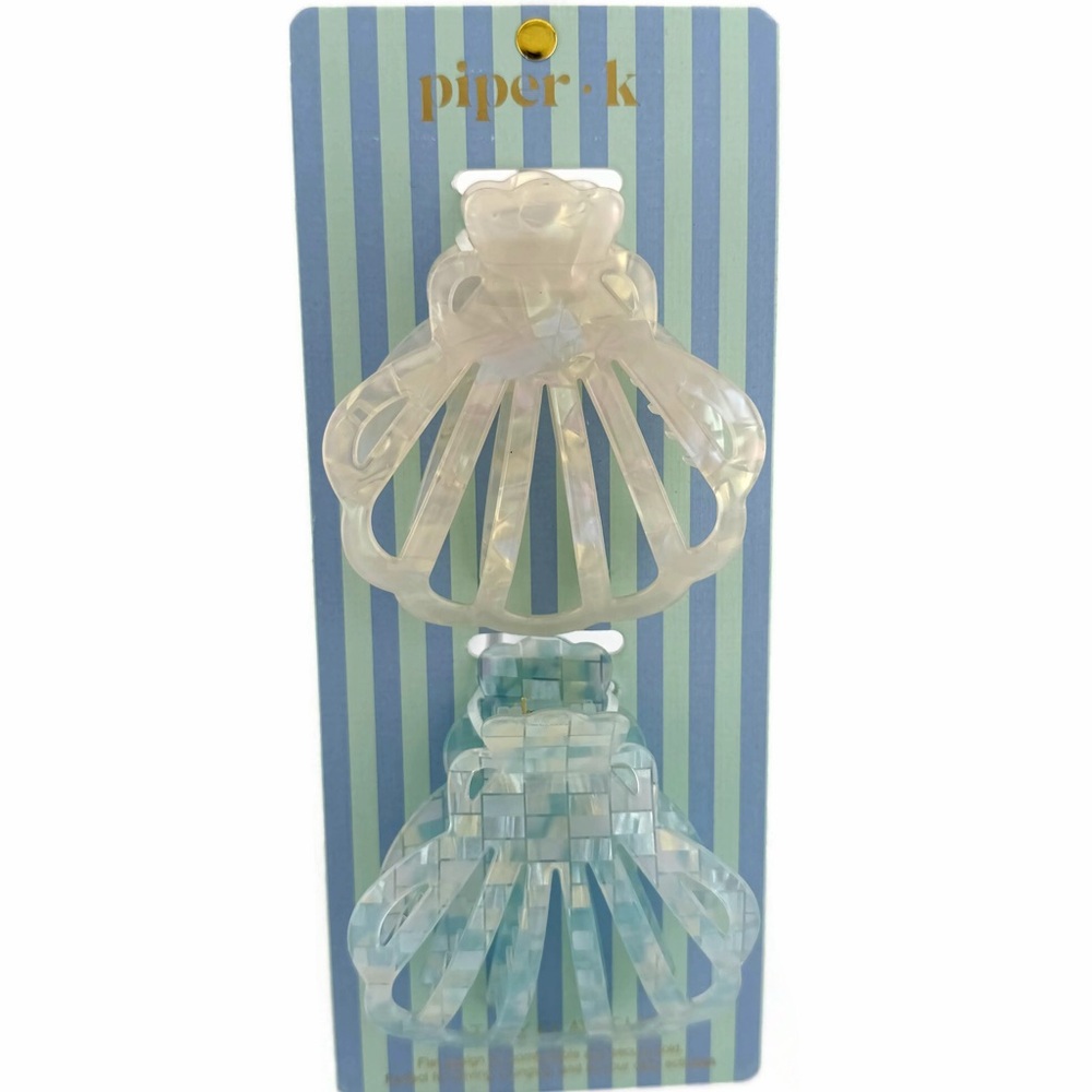 Piper K Seashell Flat Lay Hair Claw Clips Iridescent Blue White Set of 2